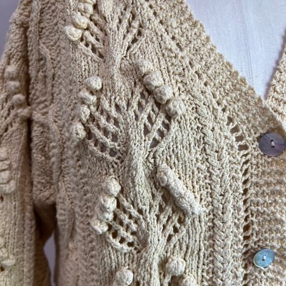 Vintage Laura Ashley Cotton French Knot Pom Crochet Knitted Cardigan Yellow SZ M - Picture 5 of 7